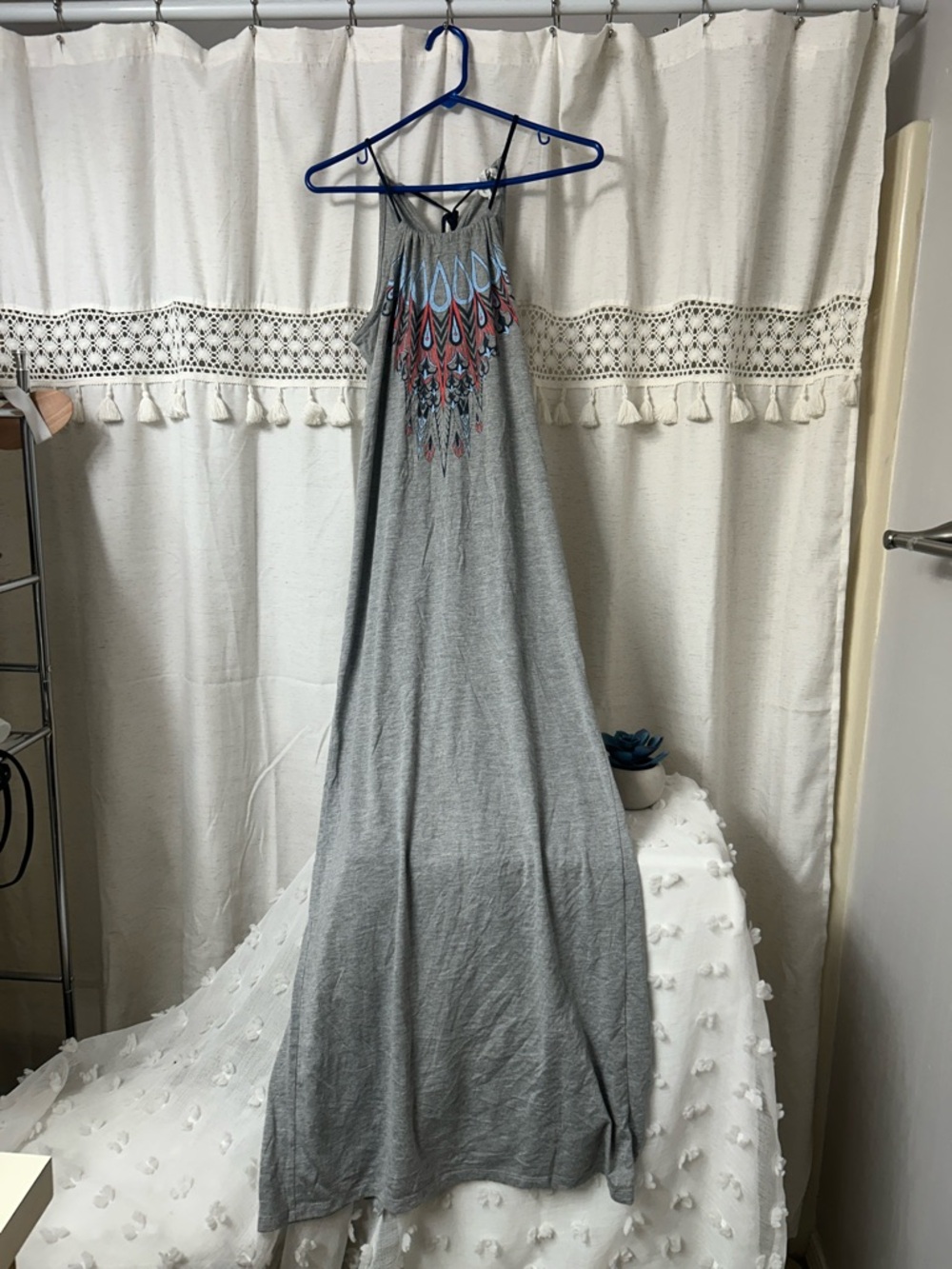 Women’s Grey Halter Maxi Dress with Pink & Blue Print